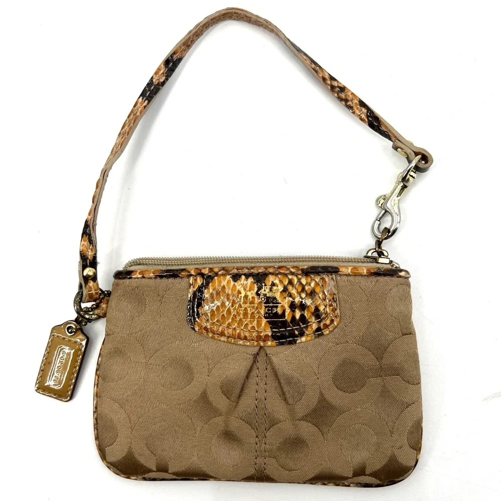Coach Madison Signature Wristlet Snakeskin Accents Beige Hangtag Vintage
